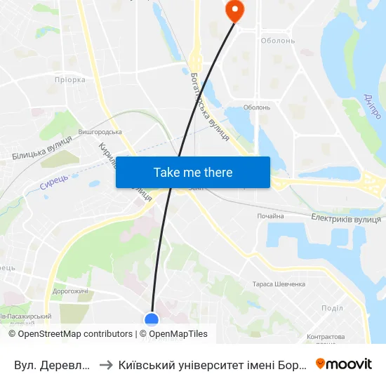 Вул. Деревлянська to Київський університет імені Бориса Грінченка map