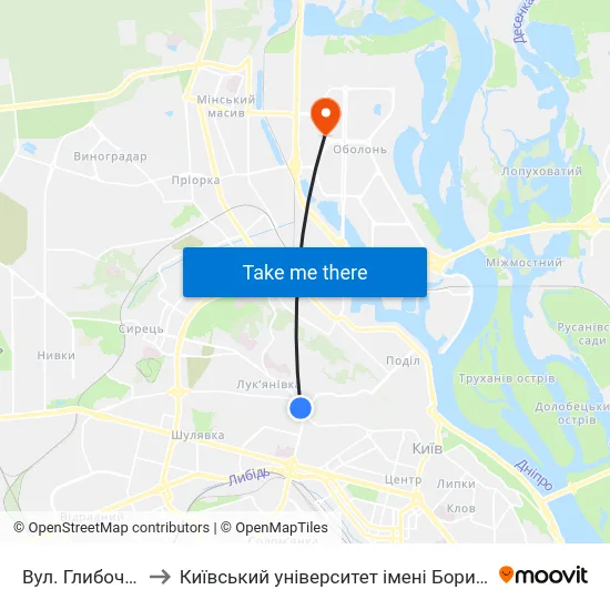 Вул. Глибочицька to Київський університет імені Бориса Грінченка map