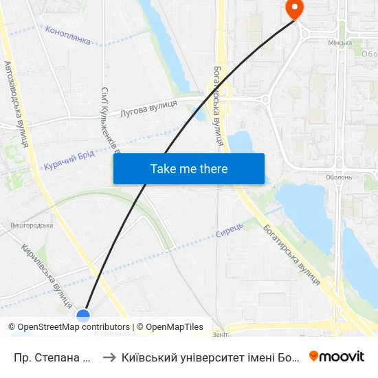 Пр. Степана Бандери to Київський університет імені Бориса Грінченка map