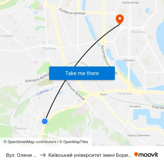 Вул. Олени Теліги to Київський університет імені Бориса Грінченка map