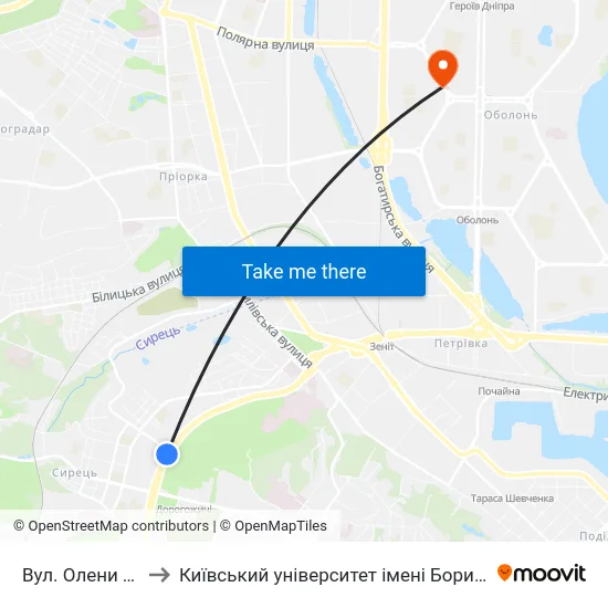 Вул. Олени Теліги to Київський університет імені Бориса Грінченка map