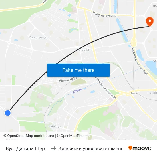 Вул. Данила Щербаківського to Київський університет імені Бориса Грінченка map