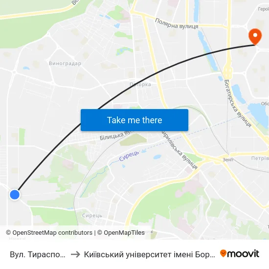 Вул. Тираспольська to Київський університет імені Бориса Грінченка map
