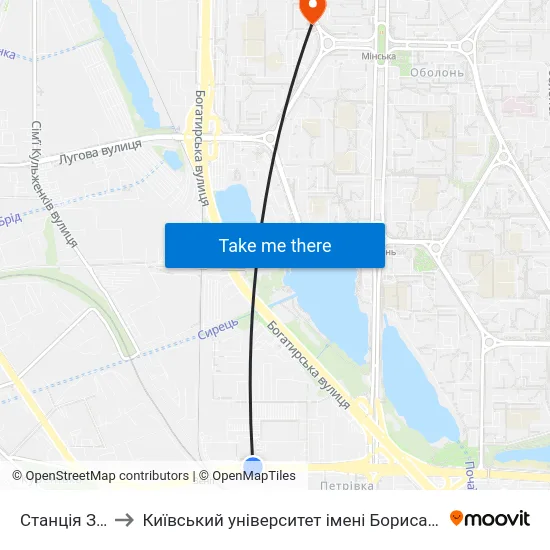 Станція Зеніт to Київський університет імені Бориса Грінченка map