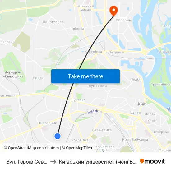 Вул. Героїв Севастополя to Київський університет імені Бориса Грінченка map