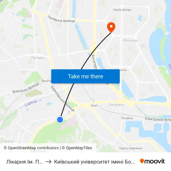 Лікарня Ім. Павлова to Київський університет імені Бориса Грінченка map