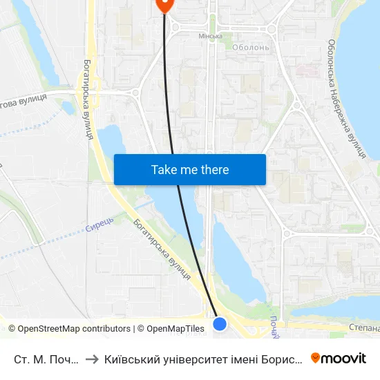 Ст. М. Почайна to Київський університет імені Бориса Грінченка map