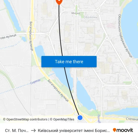 Ст. М. Почайна to Київський університет імені Бориса Грінченка map