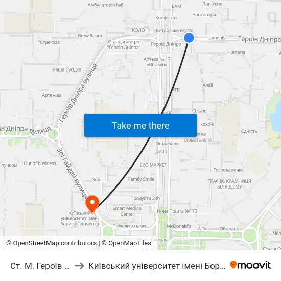 Ст. М. Героїв Дніпра to Київський університет імені Бориса Грінченка map