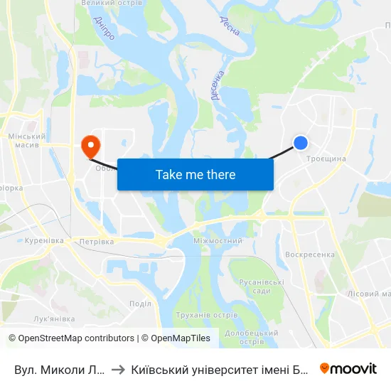 Вул. Миколи Лаврухіна to Київський університет імені Бориса Грінченка map