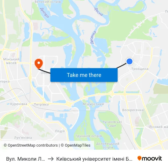 Вул. Миколи Лаврухіна to Київський університет імені Бориса Грінченка map