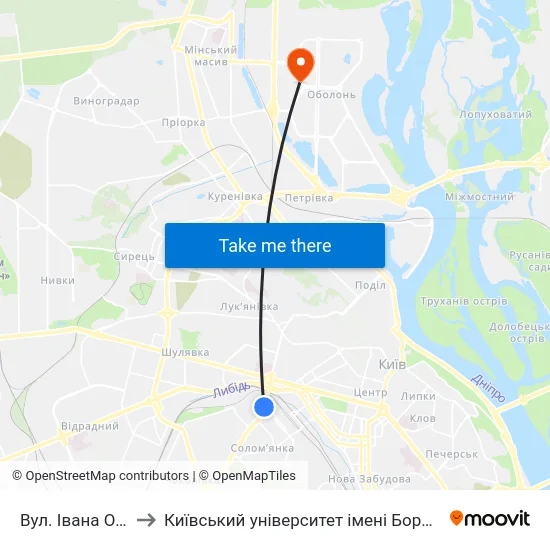 Вул. Івана Огієнка to Київський університет імені Бориса Грінченка map