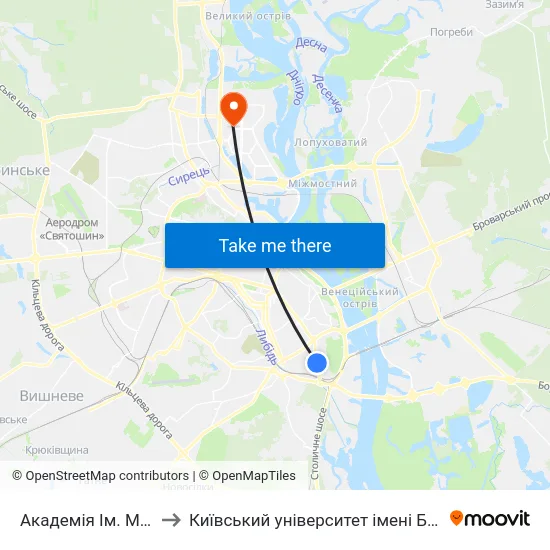 Академія Ім. М. Бойчука to Київський університет імені Бориса Грінченка map
