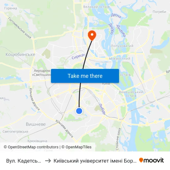 Вул. Кадетський Гай to Київський університет імені Бориса Грінченка map