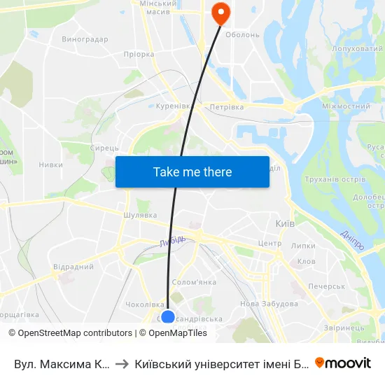 Вул. Максима Кривоноса to Київський університет імені Бориса Грінченка map