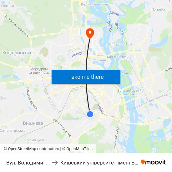 Вул. Володимира Брожка to Київський університет імені Бориса Грінченка map