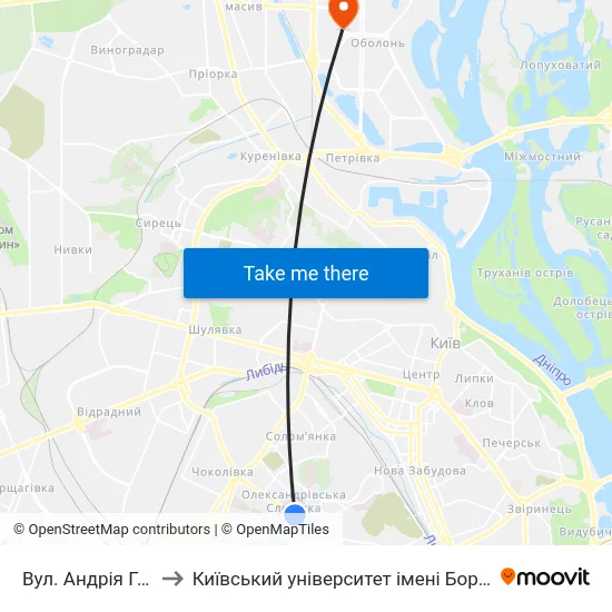 Вул. Андрія Головка to Київський університет імені Бориса Грінченка map