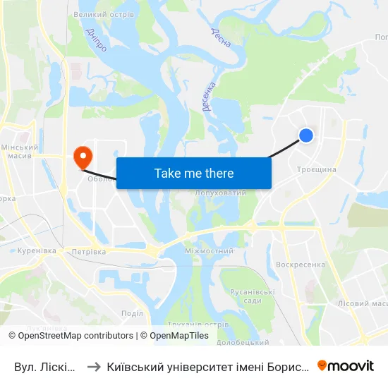 Вул. Лісківська to Київський університет імені Бориса Грінченка map
