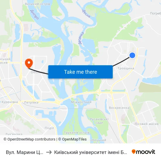 Вул. Марини Цвєтаєвої to Київський університет імені Бориса Грінченка map