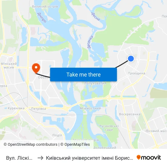 Вул. Лісківська to Київський університет імені Бориса Грінченка map