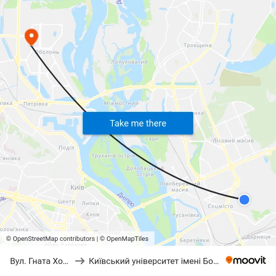 Вул. Гната Хоткевича to Київський університет імені Бориса Грінченка map