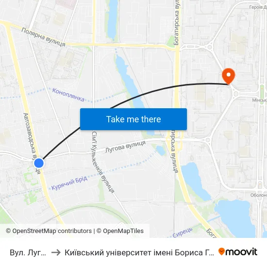 Вул. Лугова to Київський університет імені Бориса Грінченка map