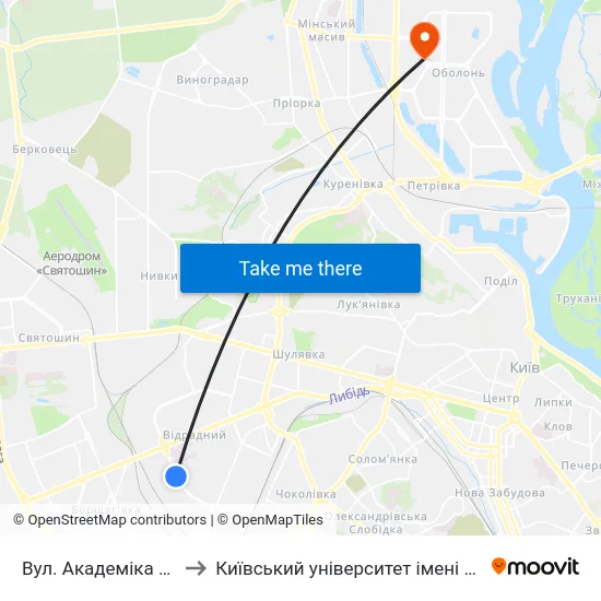 Вул. Академіка Білецького to Київський університет імені Бориса Грінченка map
