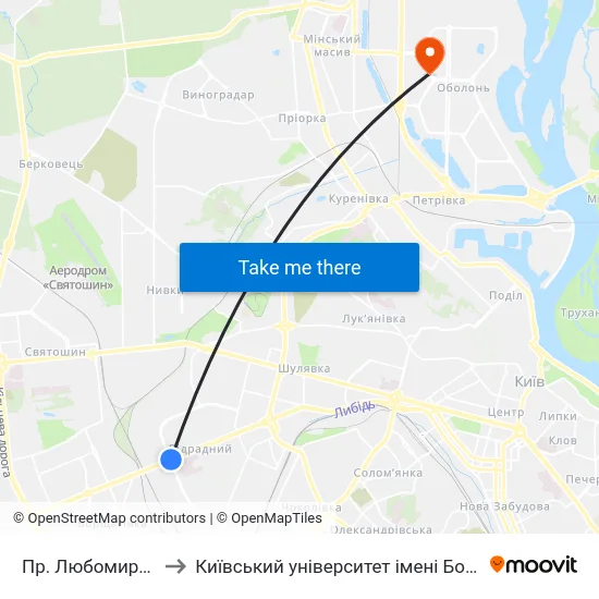 Пр. Любомира Гузара to Київський університет імені Бориса Грінченка map