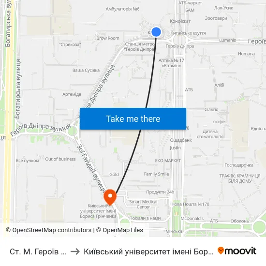 Ст. М. Героїв Дніпра to Київський університет імені Бориса Грінченка map
