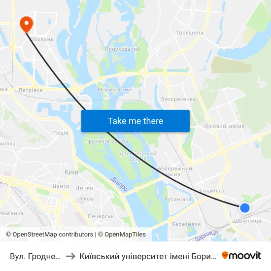 Вул. Гродненська to Київський університет імені Бориса Грінченка map