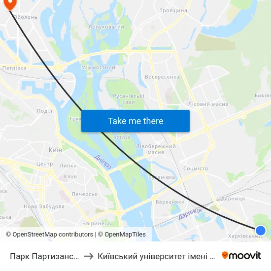 Парк Партизанської Слави to Київський університет імені Бориса Грінченка map