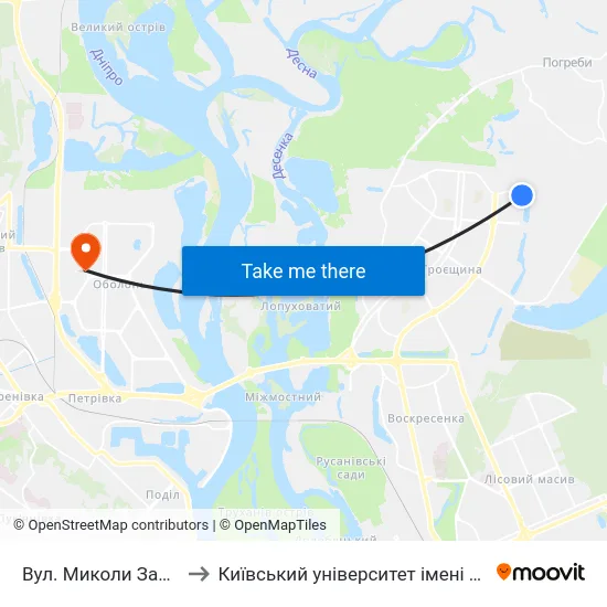 Вул. Миколи Закревського to Київський університет імені Бориса Грінченка map