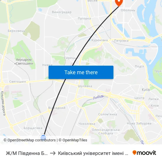 Ж/М Південна Борщагівка to Київський університет імені Бориса Грінченка map