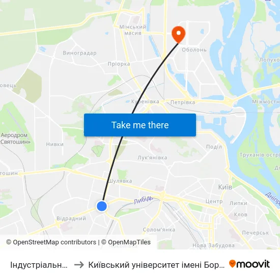 Індустріальний Міст to Київський університет імені Бориса Грінченка map