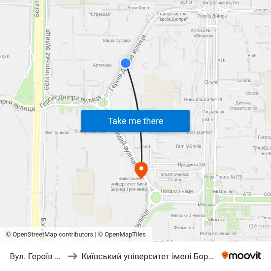 Вул. Героїв Дніпра to Київський університет імені Бориса Грінченка map
