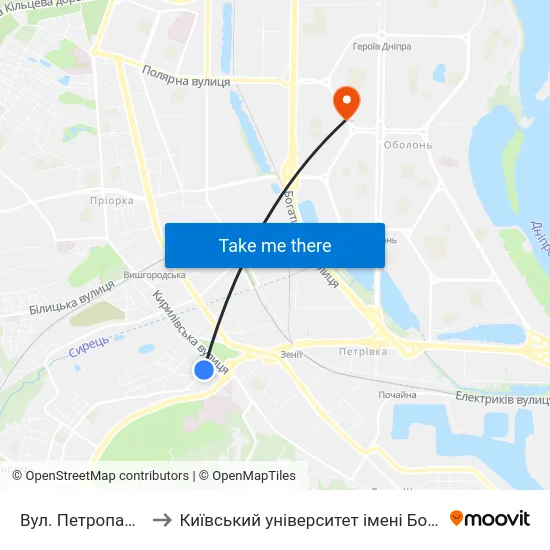 Вул. Петропавлівська to Київський університет імені Бориса Грінченка map