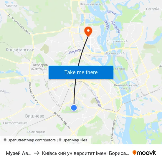 Музей Авіації to Київський університет імені Бориса Грінченка map