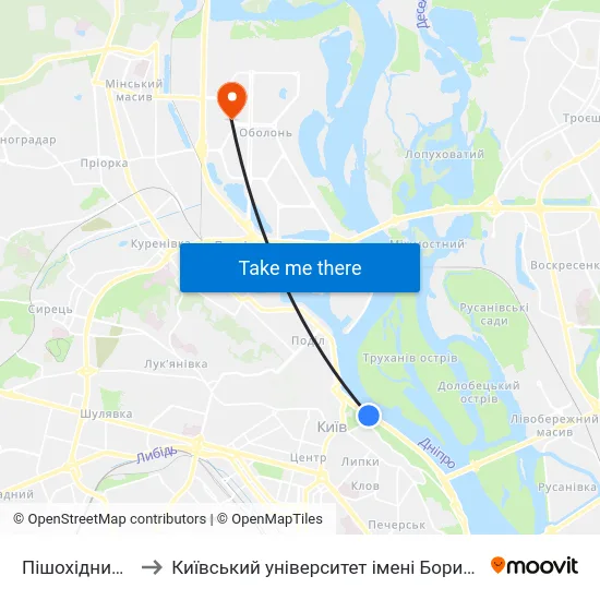 Пішохідний Міст to Київський університет імені Бориса Грінченка map