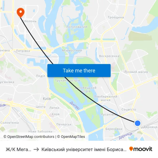 Ж/К Мега-Сiтi to Київський університет імені Бориса Грінченка map