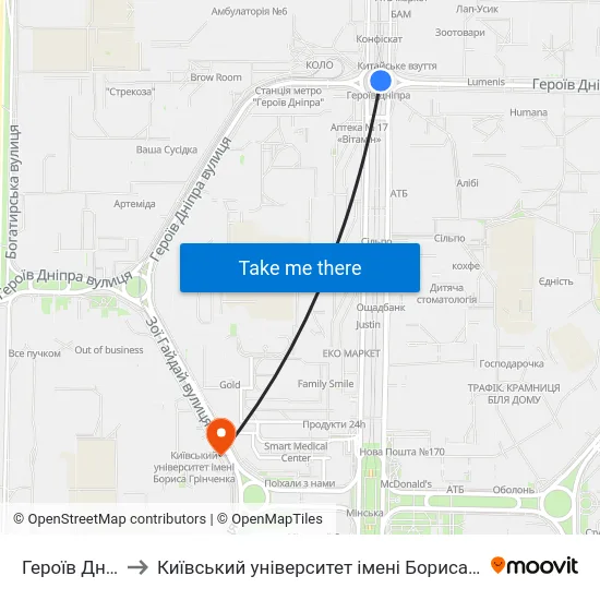Героїв Дніпра to Київський університет імені Бориса Грінченка map
