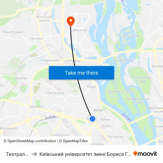 Театральна to Київський університет імені Бориса Грінченка map