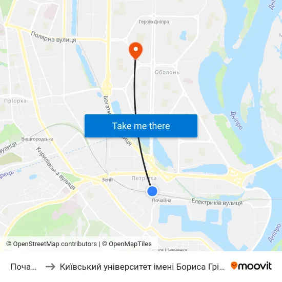 Почайна to Київський університет імені Бориса Грінченка map