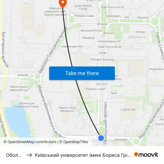 Оболонь to Київський університет імені Бориса Грінченка map
