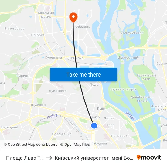 Площа Льва Толстого to Київський університет імені Бориса Грінченка map