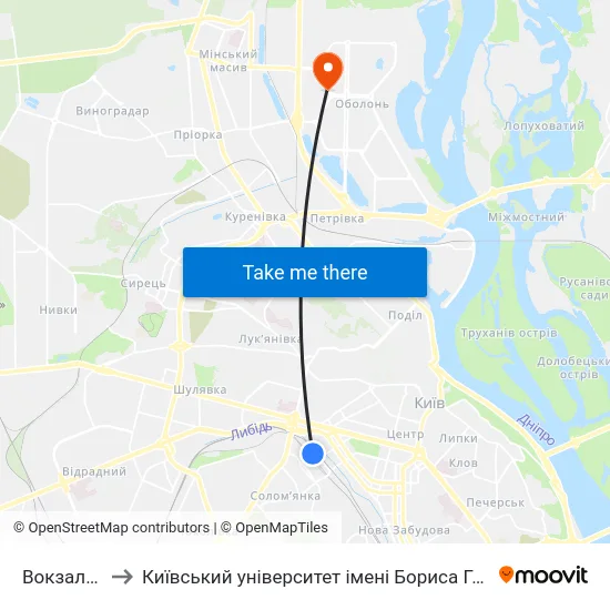 Вокзальна to Київський університет імені Бориса Грінченка map