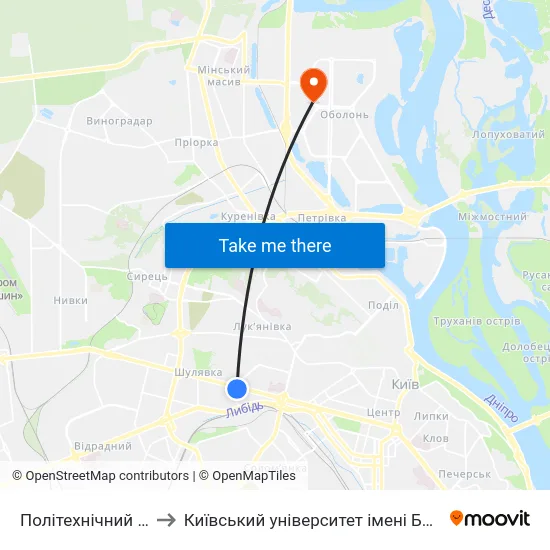 Політехнічний Інститут to Київський університет імені Бориса Грінченка map