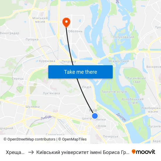 Хрещатик to Київський університет імені Бориса Грінченка map