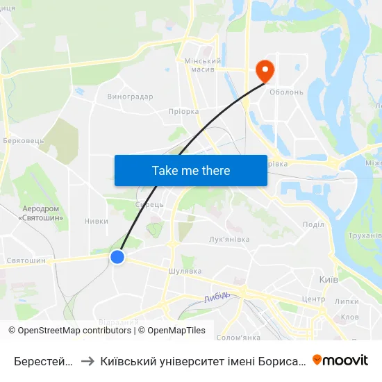 Берестейська to Київський університет імені Бориса Грінченка map