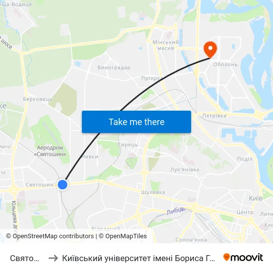 Святошин to Київський університет імені Бориса Грінченка map