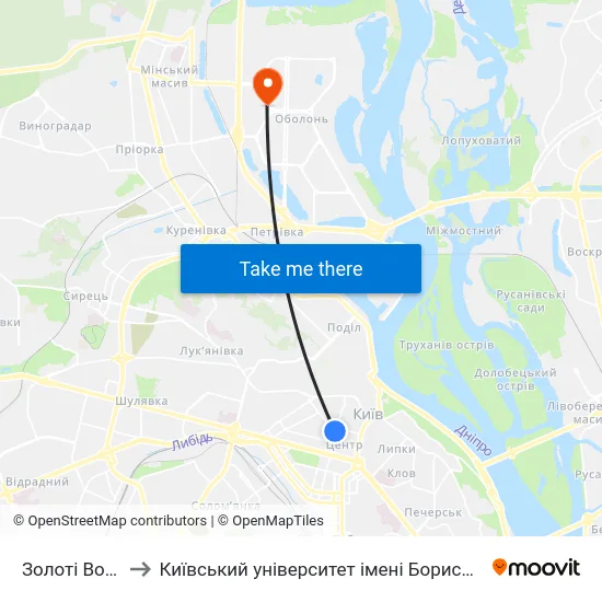 Золоті Ворота to Київський університет імені Бориса Грінченка map